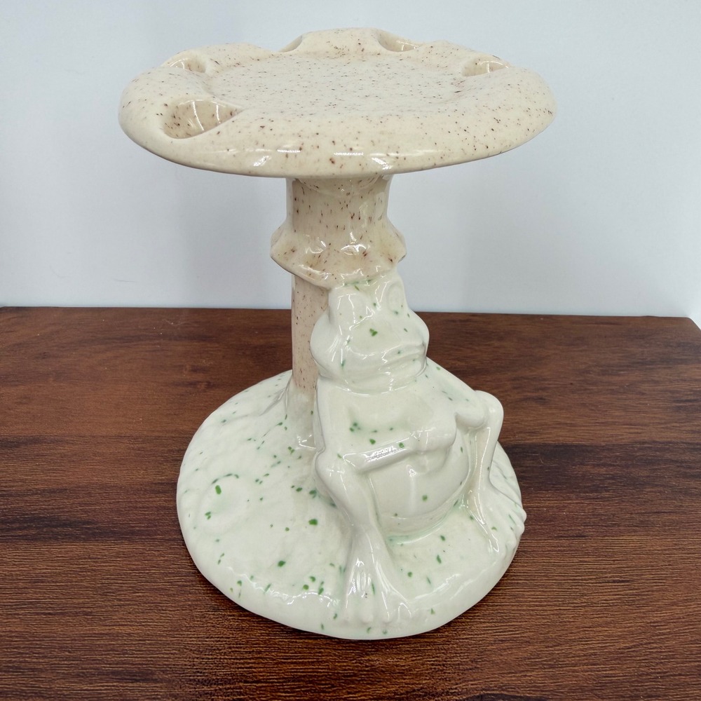 VYG Retro 80s Spattered Glaze Frog Toothbrush Holder Brown & Green Toad Mushroom